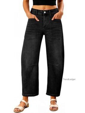 Barrel Jeans Stretchy Baggy Cropped Denim Pants High Waisted Wide Leg
